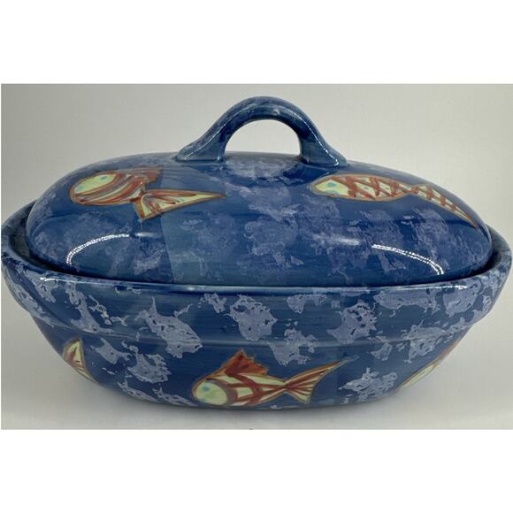 Bowl w/Lid Evandale Porcelain Handpainted Fish Design Blue 9” L x 5.25”W x 5.5”T - Picture 6 of 14